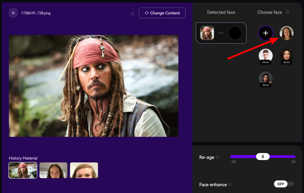 Selecting an image of myself to swap with the photo of Jack Sparrow using AKOOL.