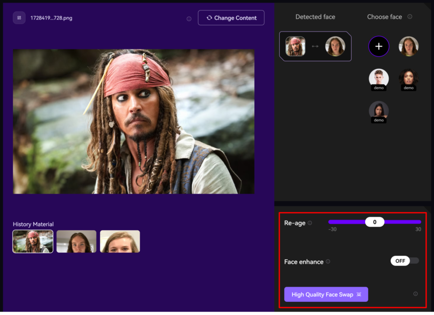 Adjusting the age and facial enhance when swapping faces with AKOOL.