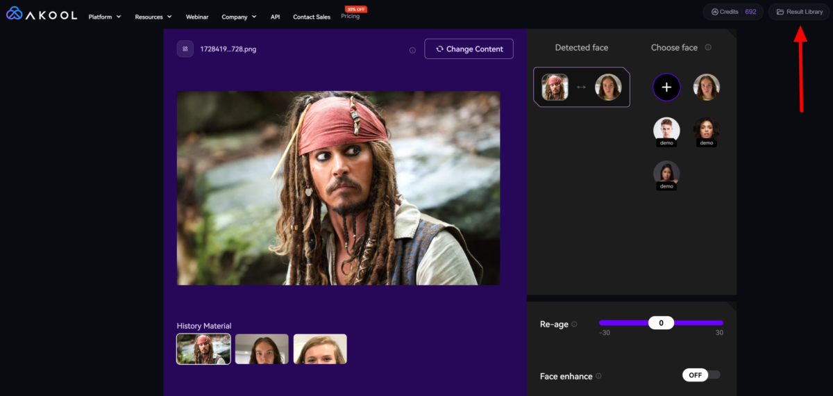 Going to my Results Library on AKOOL to see my face swap results.