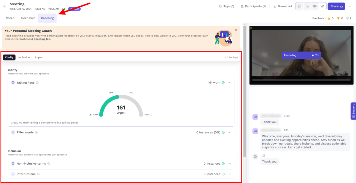 Customized coaching metrics and recommendations after a meeting recorded with Read AI.