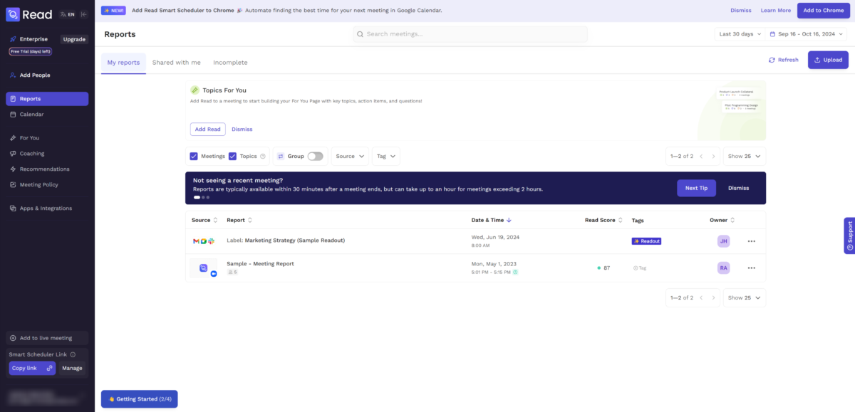 The Read AI dashboard.