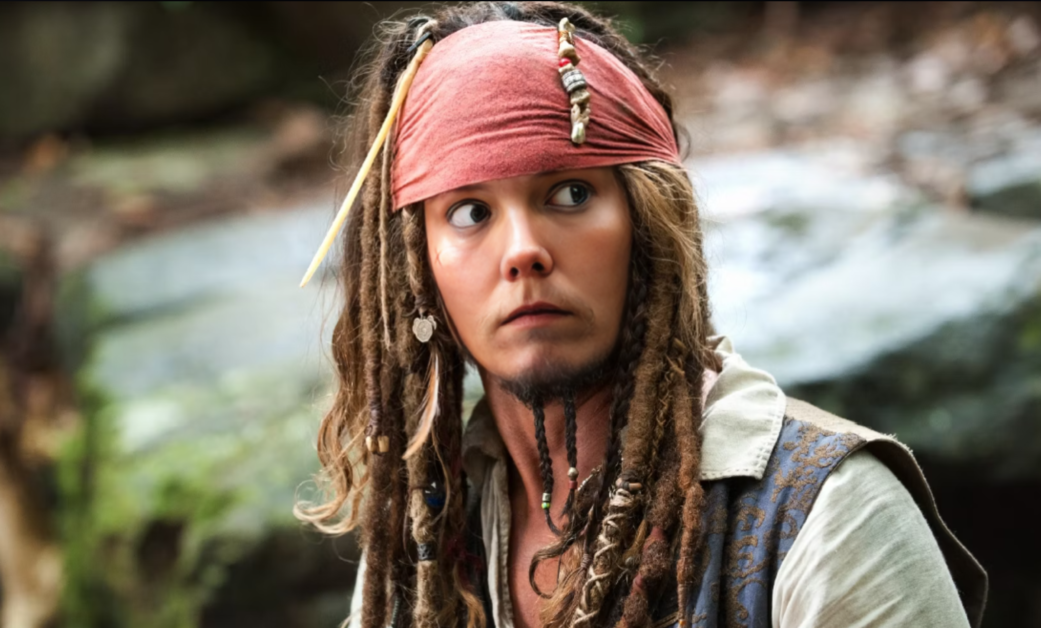 My face on Jack Sparrow's body created with AKOOL's face swap tool.