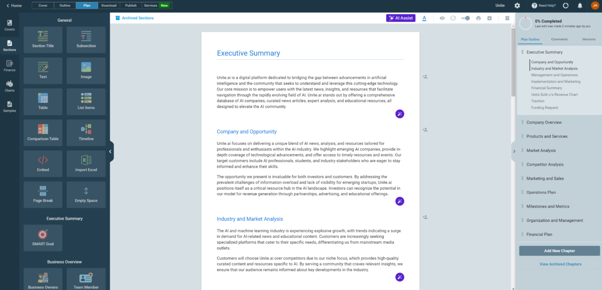 A business plan generated with Upmetrics.