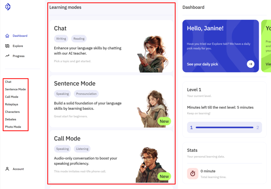 The learning modes available on TalkPal.