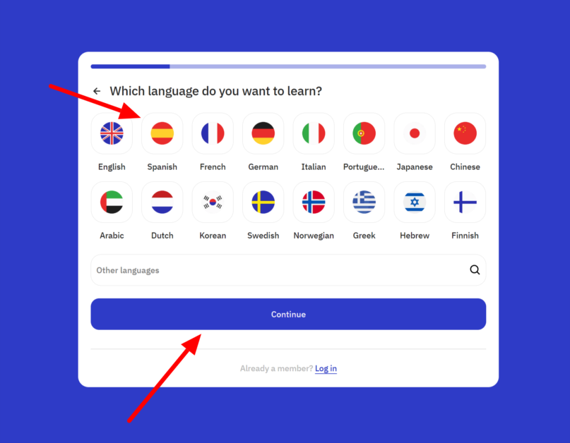 Selecting a language to learn on TalkPal.