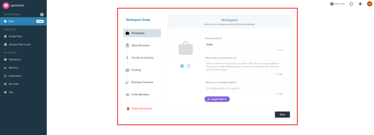 Setting up a workspace in Upmetrics.