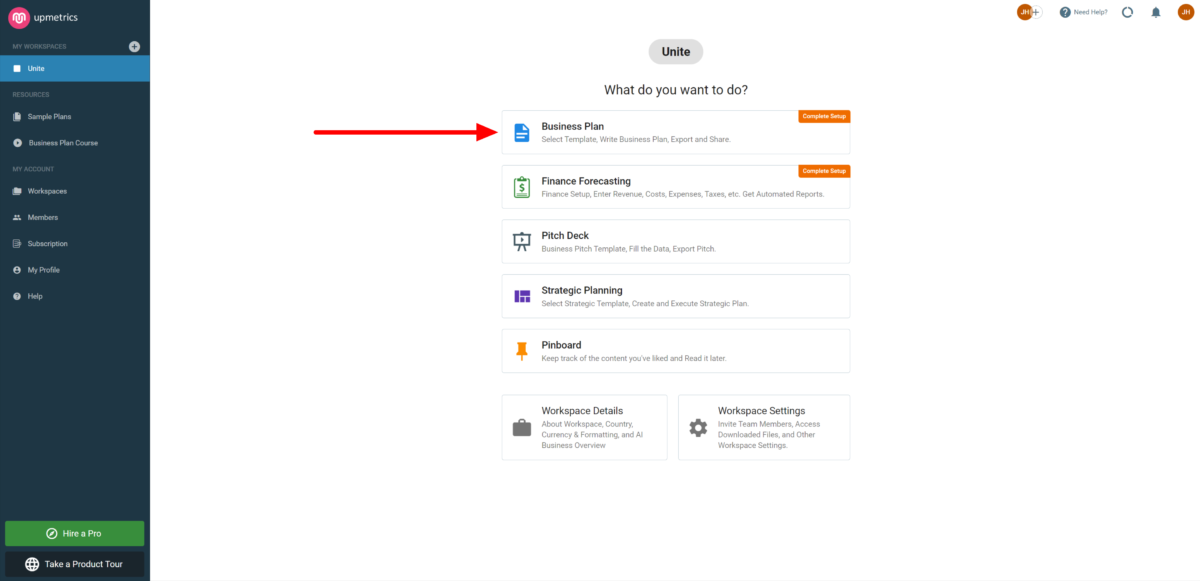 Selecting the Business Plan button to start creating a business plan with Upmetrics.