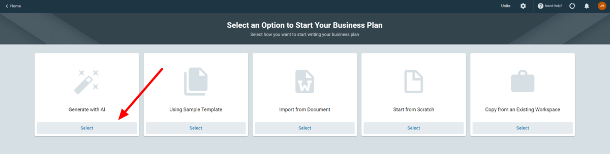 Generating a business plan with AI using Upmetrics.