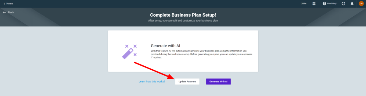 Updating answers to a questionnaire generated by Upmetrics to create a business plan.