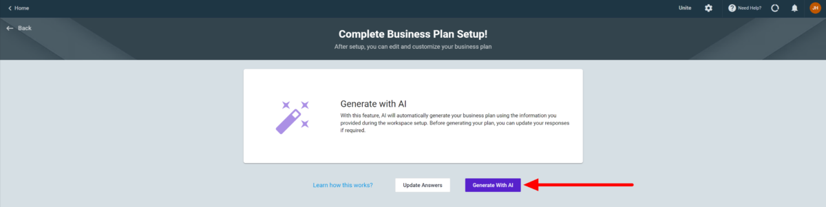 Generating a business plan with AI using Upmetrics