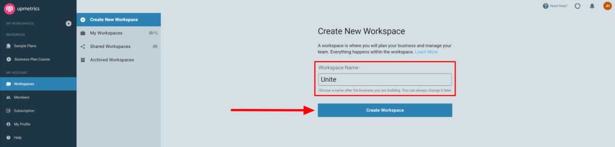 Creating a new workspace in Upmetrics.