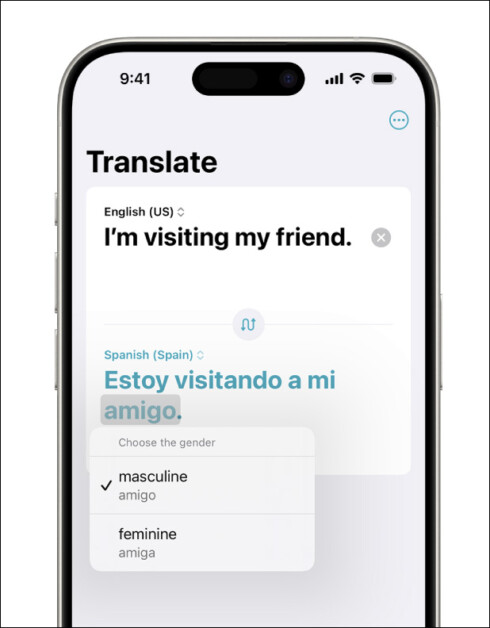 In iOS18, users can select alternative gender suggestions for a translated word in the native Translate app. Source: https://support.apple.com/guide/iphone/translate-text-voice-and-conversations-iphd74cb450f/ios