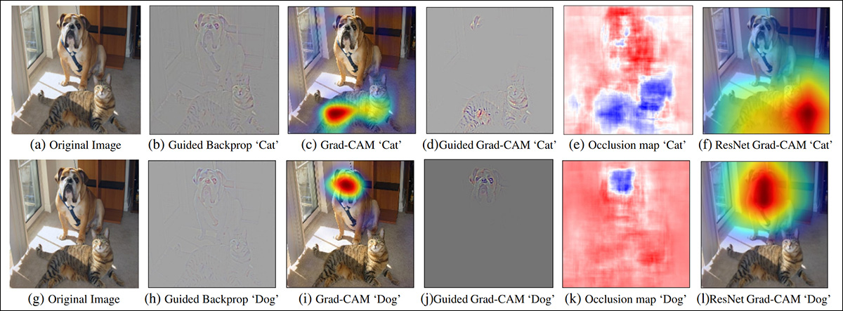 Examples from the original Grad-CAM paper. In the second column, guided backpropagation individuates all contributing features. In the third column, the semantic maps are drawn for the two concepts 'dog' and 'cat'. The fourth column represents the concatenation of the previous two inferences. The fifth, the occlusion (masking) map that corresponds to the inference; and finally, in the sixth column, Grad-CAM visualizations a ResNet-18 layer. Source: https://arxiv.org/pdf/1610.02391