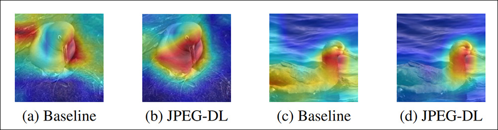 A GradCAM++ illustration for baseline and JPEG-DL image classification, with extracted features highlighted.