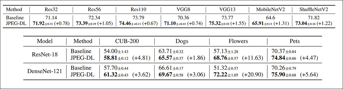 Above the top-1 validation accuracy for the baseline vs. JPEG-DL on CIFAR-100, with standard and mean deviations averaged over three runs. Below, the top-1 validation accuracy on diverse fine-grained image classification tasks, across various model architectures, again, averaged from three passes.