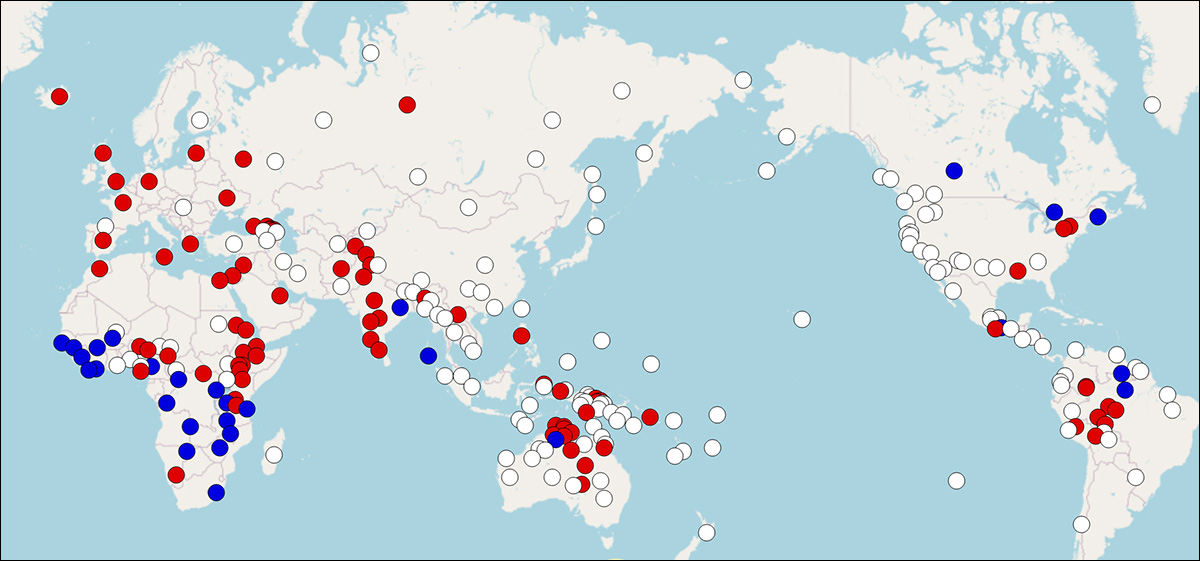 The red dots indicate languages that use a sex-based gender system. Source: https://wals.info/feature/31A#map