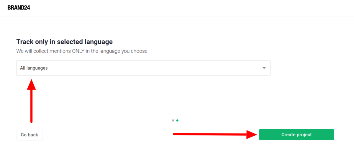 Selecting a language to track keywords on Brand24.