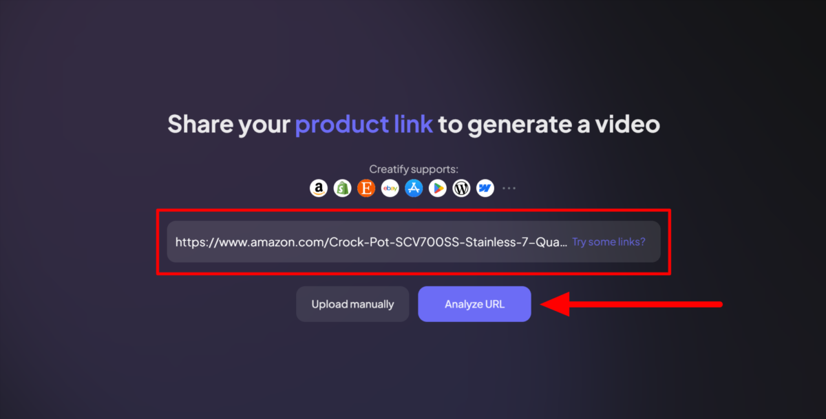 Pasting a link to Creatify's URL to video generator and hitting "Analyze URL."