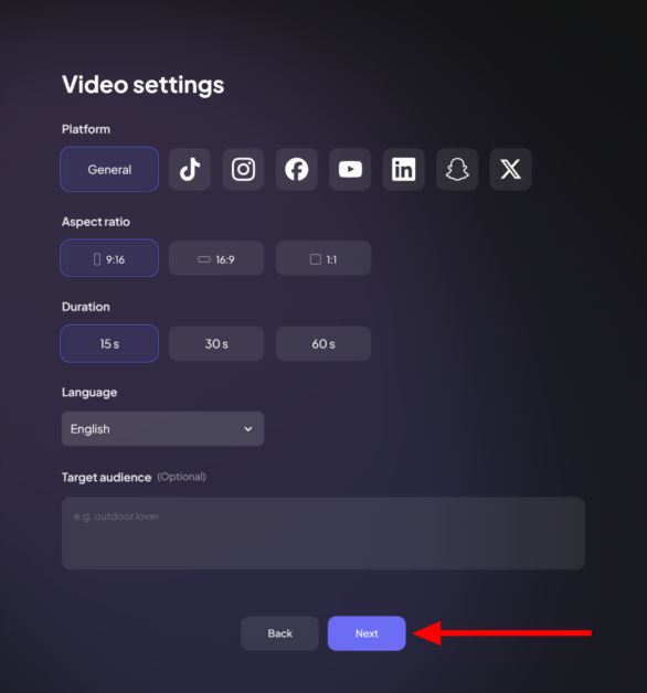 Choosing the settings for a video being generated from a URL using Creatify.