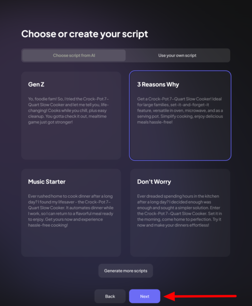 Choosing an AI generated script from the options provided by Creatify.