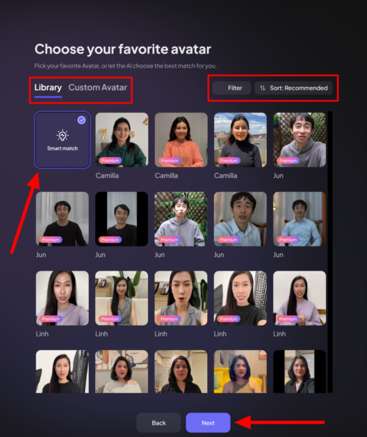 Choosing an AI avatar from the library on Creatify.