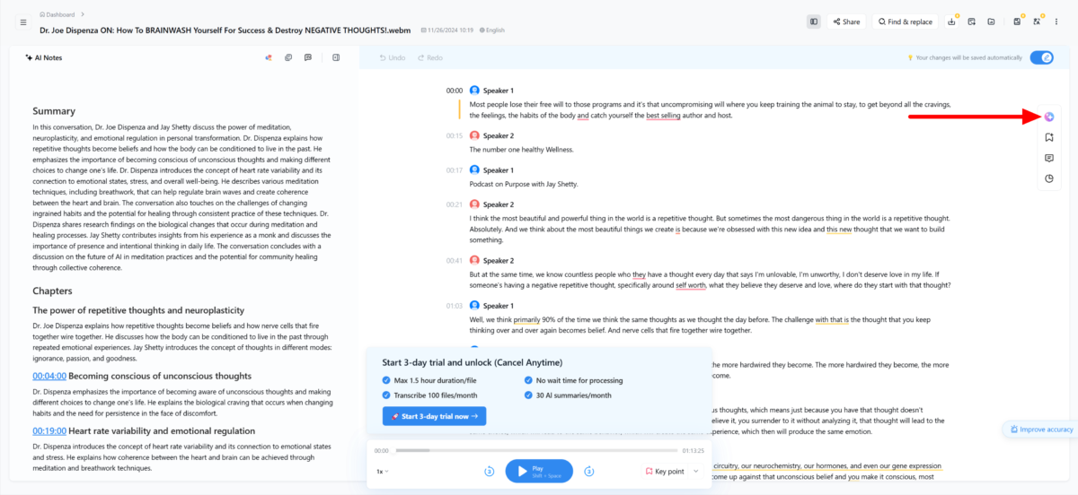 Selecting the AI chat on a transcript using Notta AI.