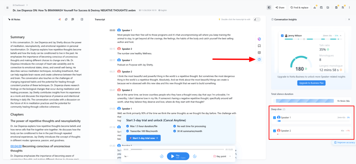 Viewing the conversation insights on a transcript in Notta AI.