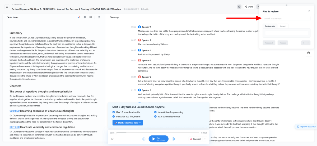 Using the search functionality in Notta AI to search for specific keywords and topics in the transcript.