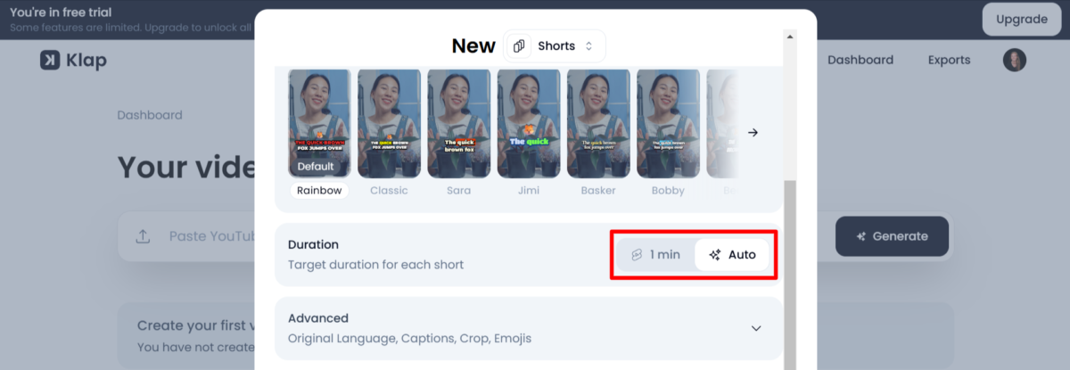 Choosing the duration of a video made on Klap AI.