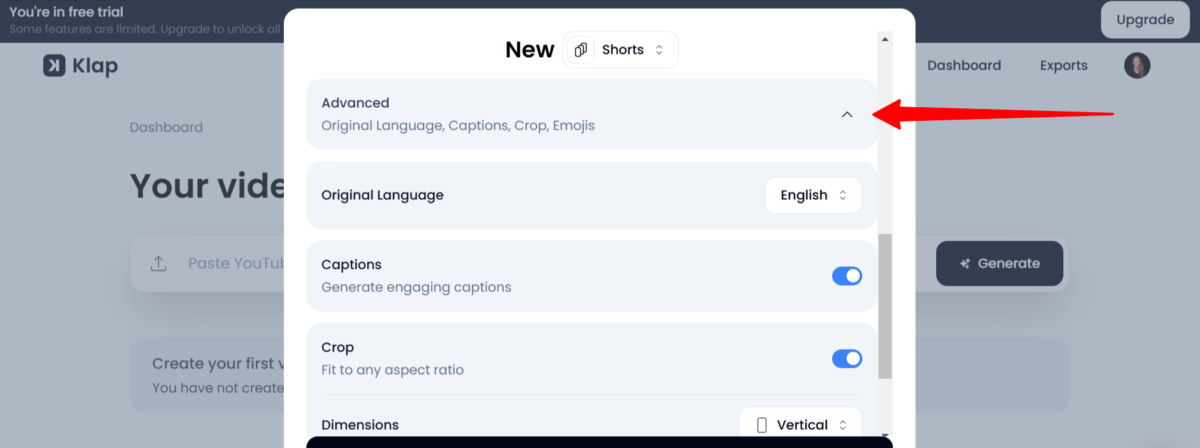 Choosing the advanced settings in Klap AI.