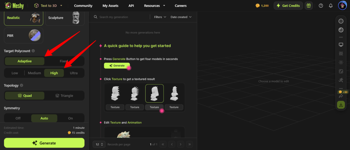 Selecting the Polycount and resolution on Meshy AI.