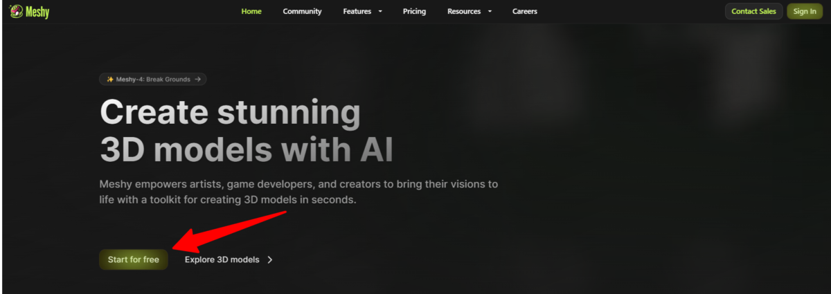 Selecting "Start for Free" on the Meshy AI homepage.