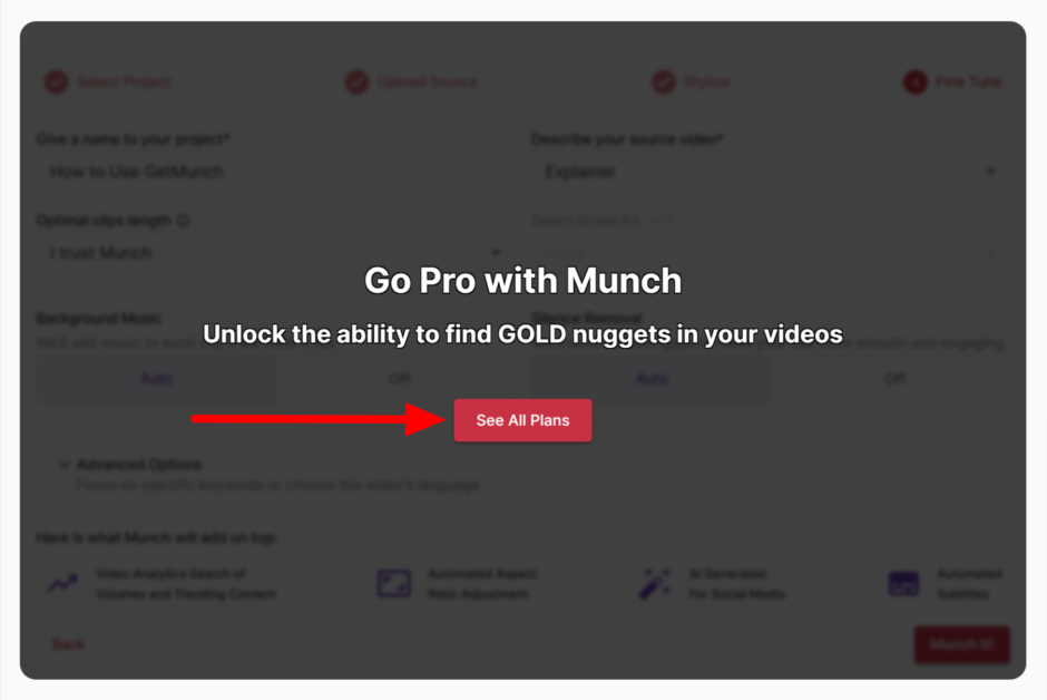 Selecting "See All Plans" to generate a video with GetMunch.