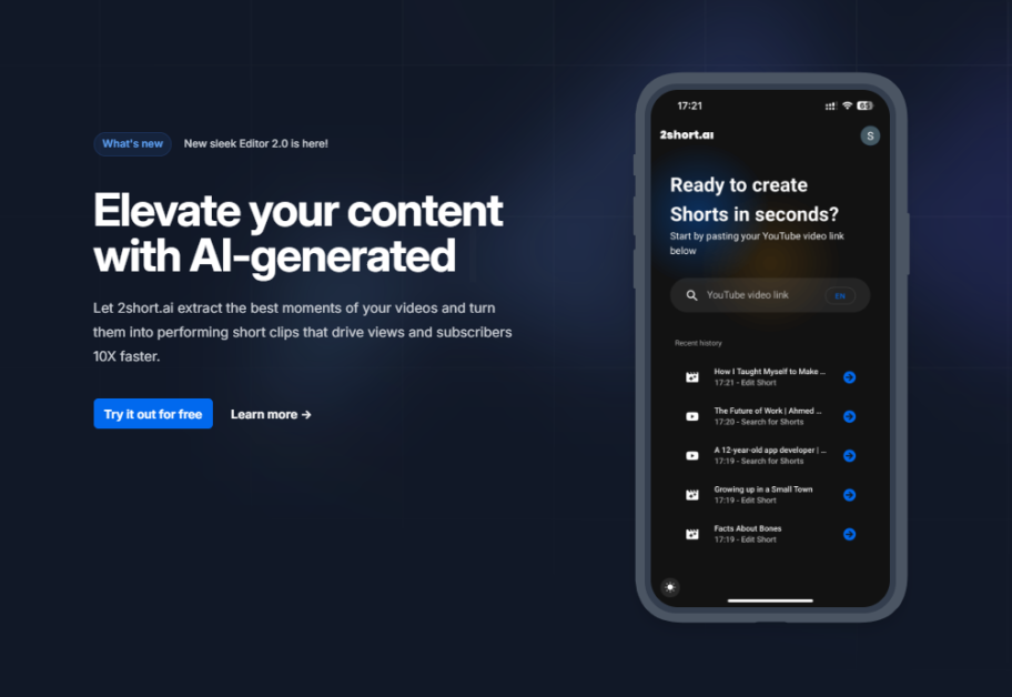 2short.ai homepage.