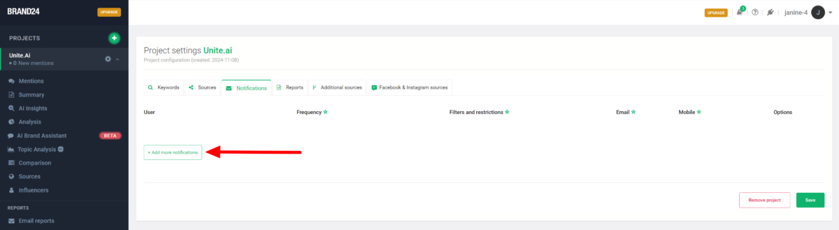 Selecting "Add more notifications" in the Notifications tab of the Project settings in Brand24.