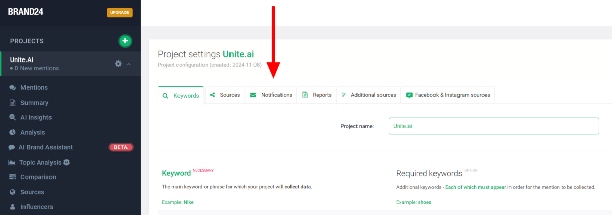 Selecting the Notifications tab in the Project settings in Brand24.
