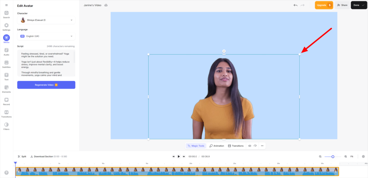 Adjusting the position of an AI avatar when creating a video on Veed.