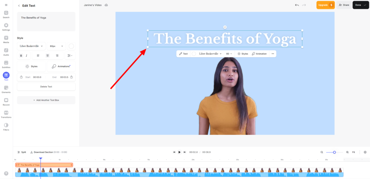 Adding and adjusting a title to a video made with Veed.