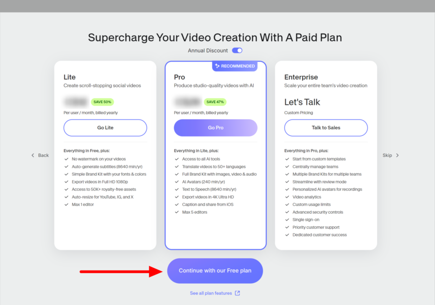 Selecting "Continue with our Free plan" from the Veed.io pricing plans.