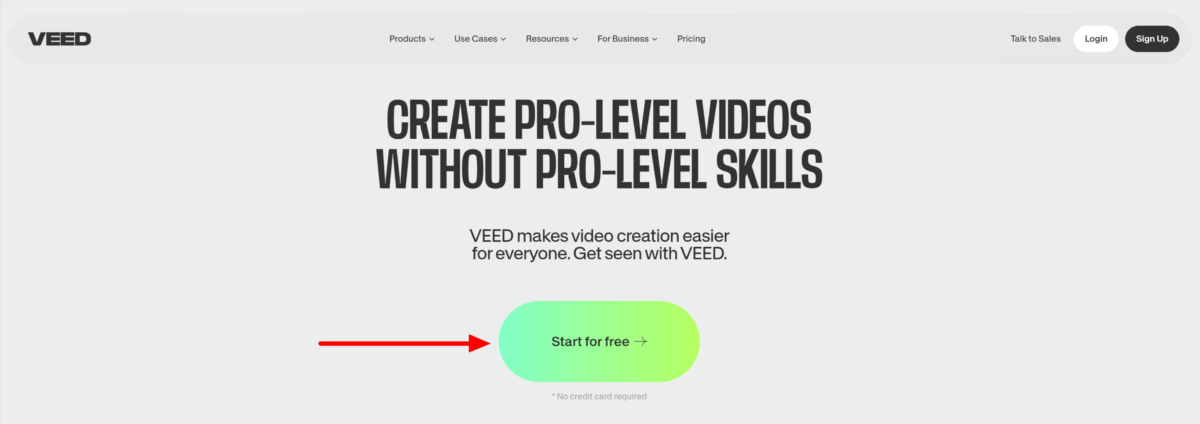 Selecting "Start for free" on the Veed homepage.