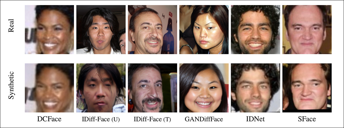 Example face images leaked from training data. In the row above, we see the original (real) images; in the row below, we see images generated at random, which accord significantly with the real images. Source: https://arxiv.org/pdf/2410.24015