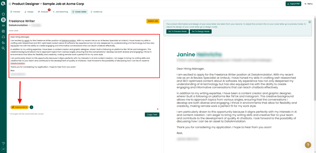 Editing and improving the cover letter generated with TealHQ.