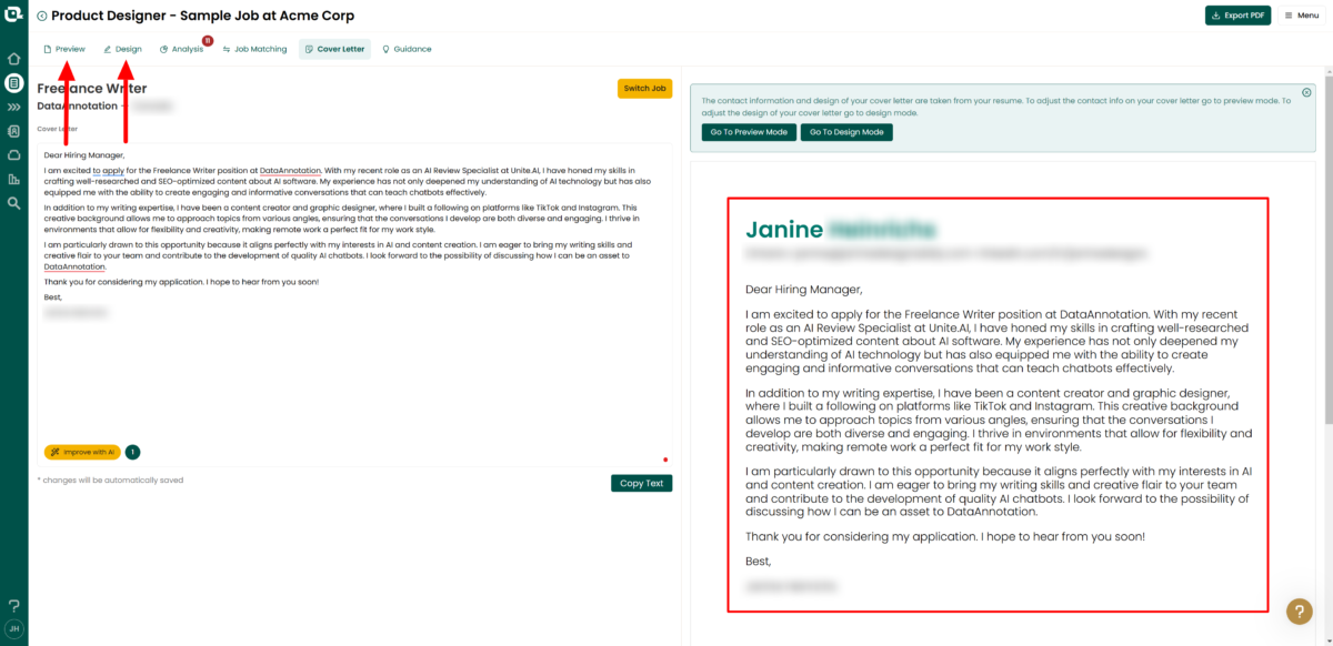 A preview of a cover letter generated with TealHQ.