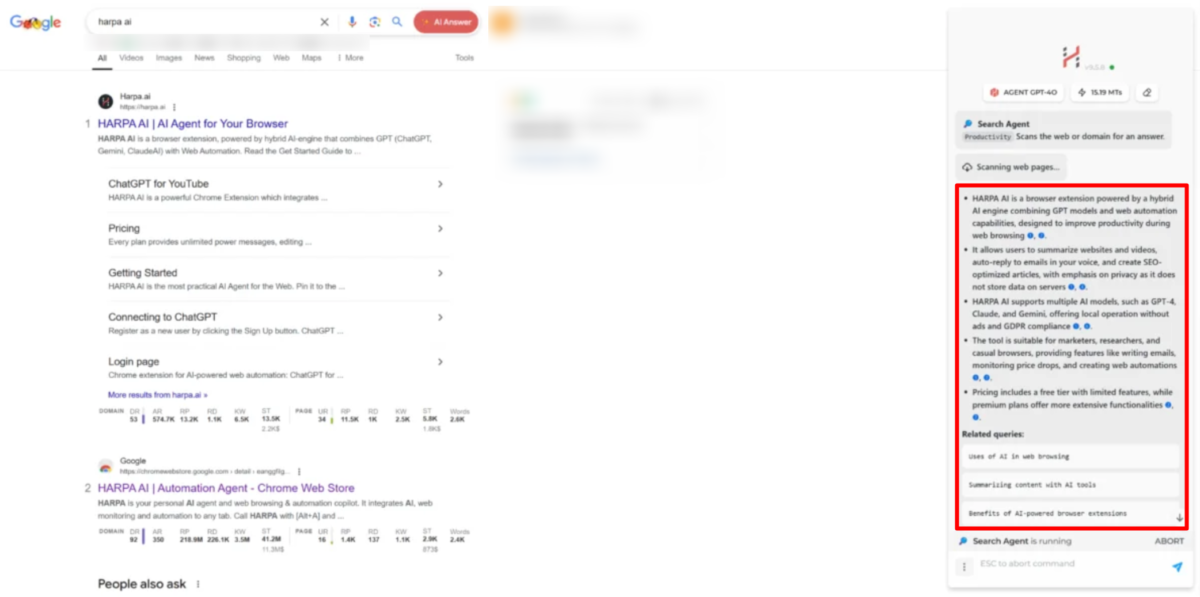 HARPA AI generating an explanation of a query types into Google with related queries.