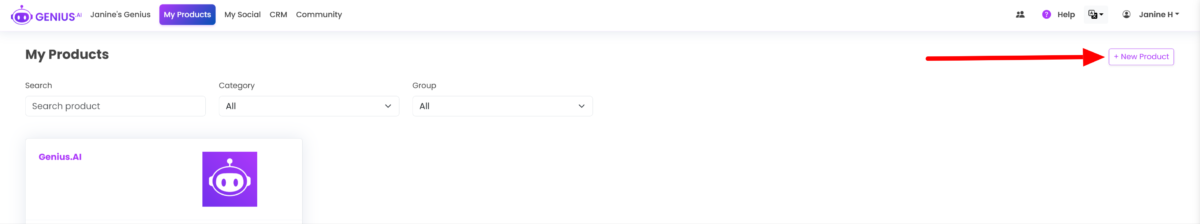 Selecting the "New Product" button on the top right of the "My Products" page on Genius AI.