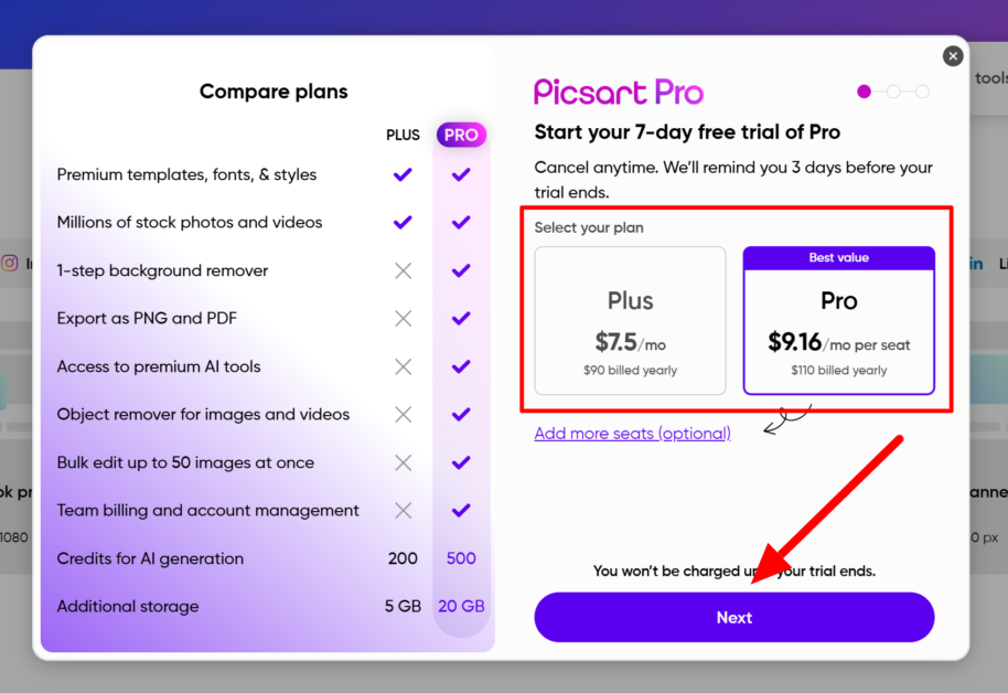 Selecting the payment plan to start a free trial on Picsart and hitting "Next."