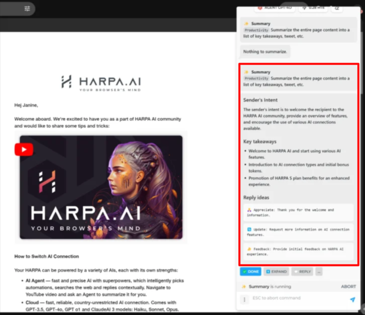 HARPA creating a summary of an email.