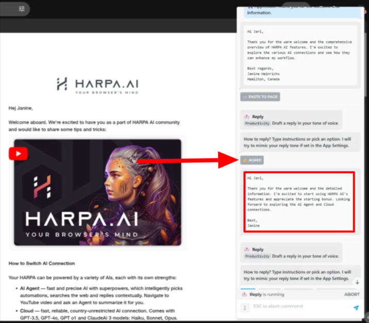 Getting HARPA AI to generate a response to an email.