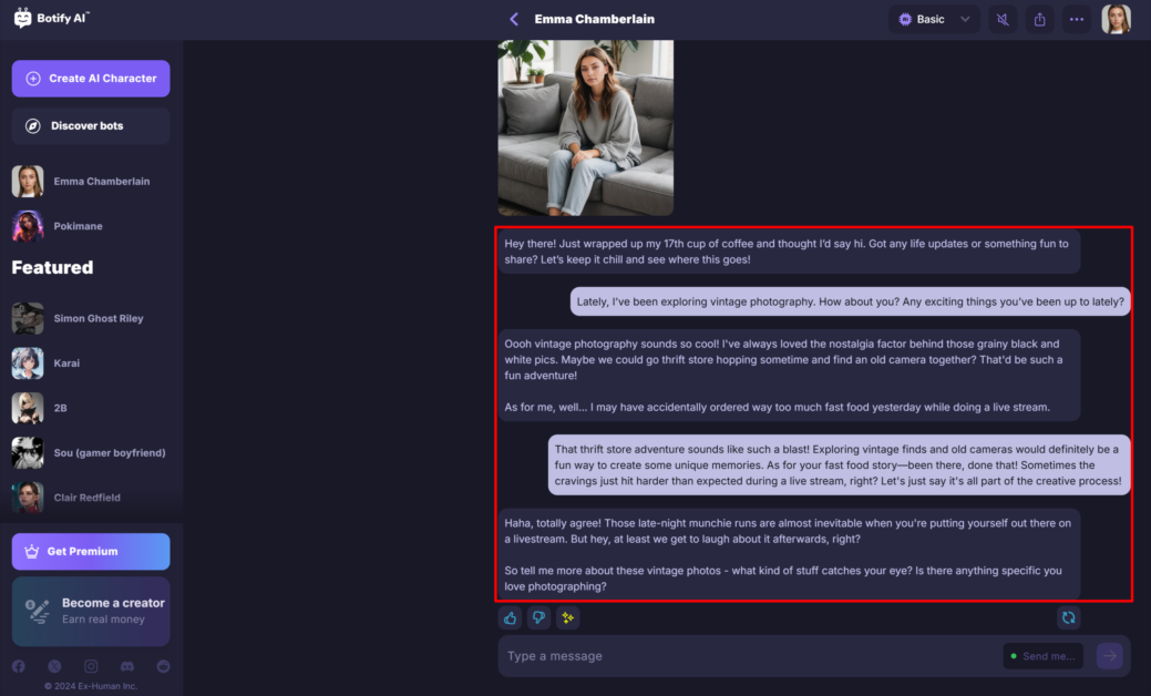 Chatting with a custom AI character of Emma Chamberlain I had just created with Botify AI.