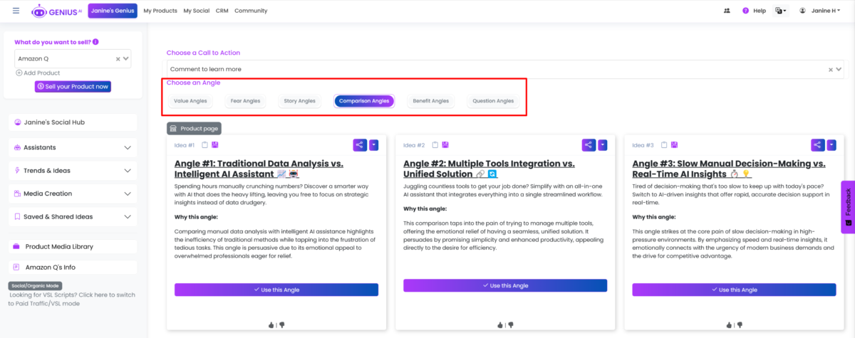 Selecting the angle I want to take for my social media posts on Genius AI.